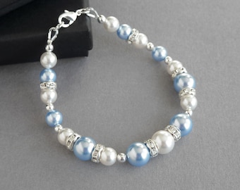 Light Blue Pearl and Crystal Bracelet - Pastel Blue Wedding Jewellery - Pale Blue Bridal Party Gift - Powder Sky Blue Bridesmaids Bracelets