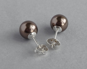 8 mm Schokoladen Perlen Ohrstecker - Dunkelbraune Glasperlen Ohrstecker - Schokobraune Runde Ball Ohrstecker - Schmuck Geschenke für Frauen / Hochzeiten