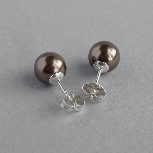 8mm Chocolate Pearl Stud Earrings - Dark Brown Glass Pearl Studs - Chocolate Brown Round Ball Studs- Jewellery Gifts for Women/Weddings