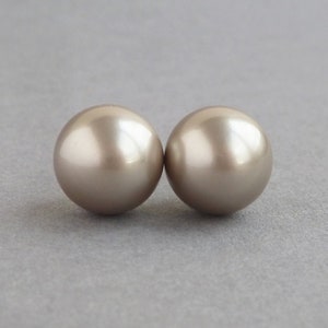 12mm Coffee Glass Pearl Stud Earrings - Large Champagne Glass Pearl Studs - Chunky Jewellery Gifts for Women - Round Taupe Everyday Studs