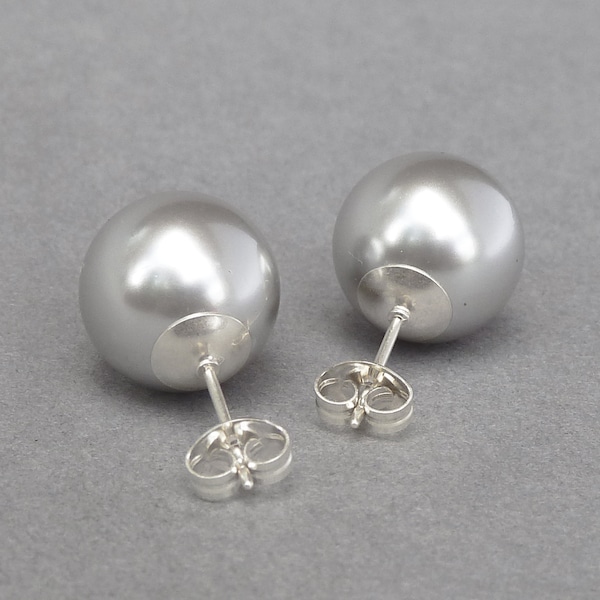 Large Silver Grey Pearl Studs - Chunky Light Grey Swarovski Pearl Stud Earrings - Everyday Jewellery - Mother of the Bride Post Earrings