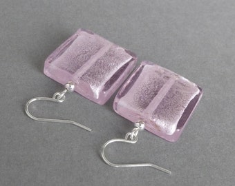Big Light Pink Square Dangle Earrings - Large Pale Pink Fused Glass Drop Earrings - Colourful Jewellery Gifts for Women - Baby Pink Earrings