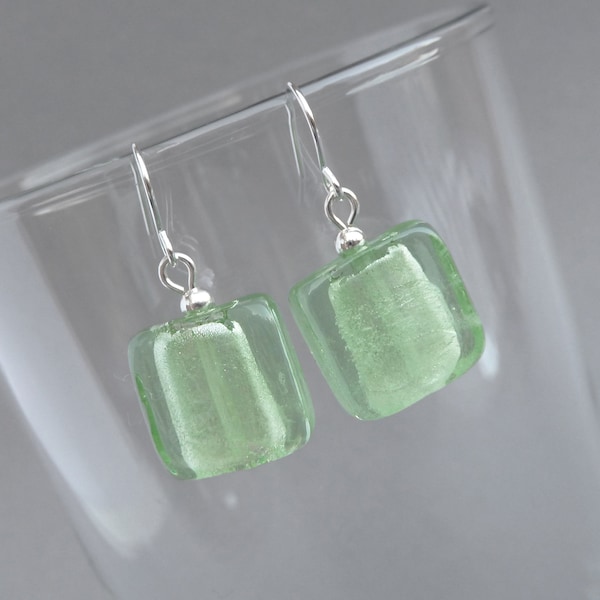 Mint Square Fused Glass Dangle Earrings - Pale Green Silver Foil Lined Drop Earrings - Jewellery for Women/Her - Light Green Christmas Gifts