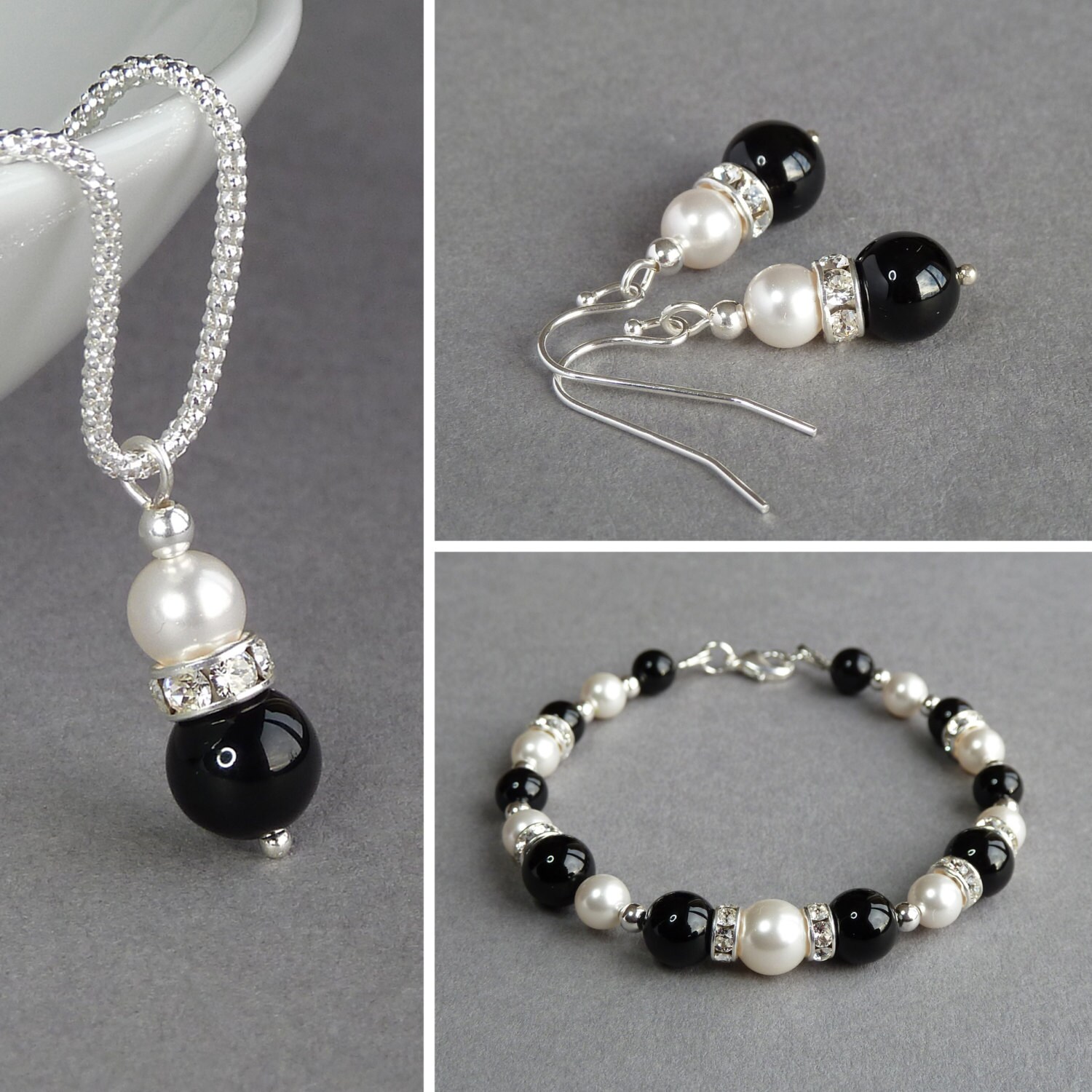 Black and White Jewellery Set Onyx and Ivory Pearl Necklace Etsy