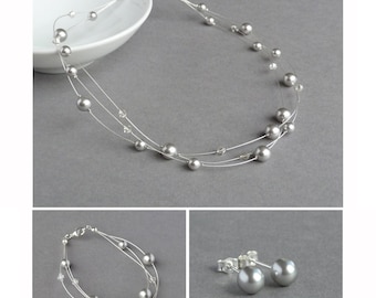 Silver Grey Floating Pearl Jewellery Set - Light/Pale Grey Multi-strand Necklace, Bracelet and Stud Earrings - Wedding Jewelry for Women