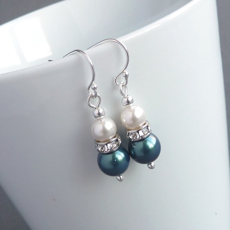 Bracelet and Earrings Dark green Pearl Jewellery Set Teal Pearl and Crystal Jewelry Wedding Jewellery Aquamarine and White Necklace