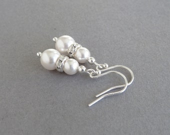 White Pearl Drop Earrings - Dainty White Pearl Dangle Earrings - White Glass Pearl and Crystal Bridal Party Gifts - Bridesmaids Jewellery