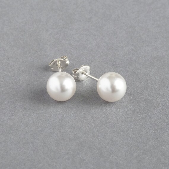 8mm White Pearl Stud Earrings Round White Swarovski Pearl - Etsy UK