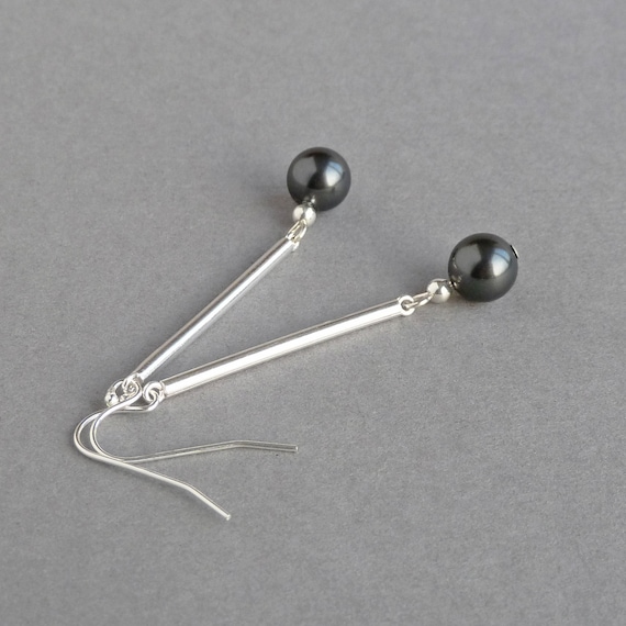 Dark Grey Pearl Drop Earrings - Sterling Silver and Black Pearl Dangle Earrings - Gray Everyday Jewellery for Women - Stocking Fillers/Gifts