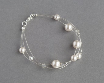 White Floating Pearl Bracelet - Multi-strand Bridal/Bridesmaid Jewellery - Magnolia Illusion Bracelets - Ivory Wedding Party Gifts for Women