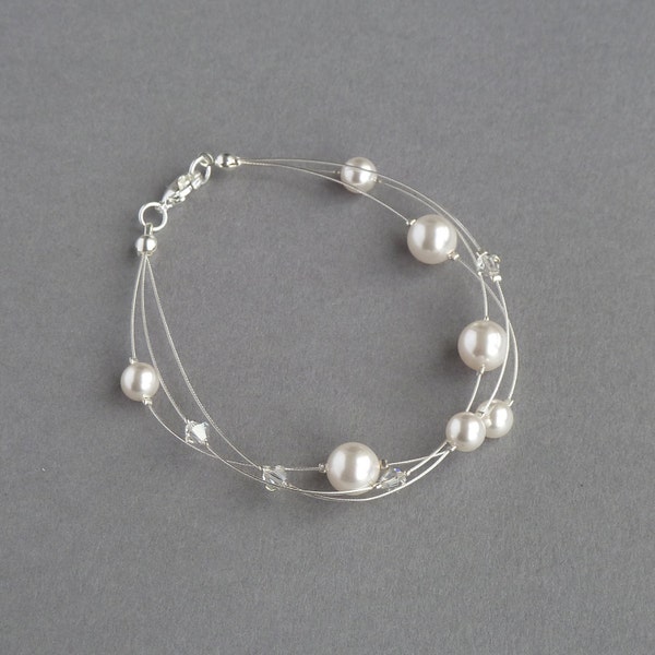 White Floating Pearl Bracelet - Multi-strand Bridal/Bridesmaid Jewellery - Magnolia Illusion Bracelets - Ivory Wedding Party Gifts for Women