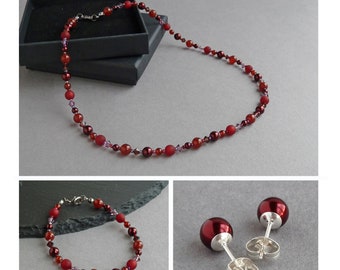 Burgundy Beaded Jewellery Set - Dark Red Pearl and Crystal Jewellery Sets - Single Strand Necklace, Bracelet and Earring Set - Claret Gifts