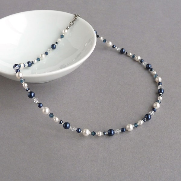 Navy and White Pearl Necklace - Dark Blue Pearl and Crystal Jewellery - Midnight Blue Mother of the Bride / Groom Necklaces - Wedding