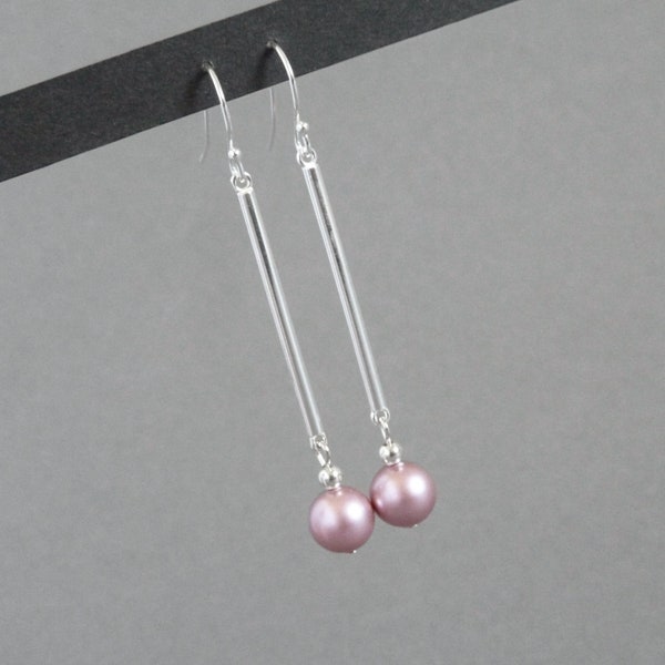 Dusky Pink Pearl Dangle Earrings - Long Pale Pink Dangly Drop Earrings  - Blush Sterling Silver Everyday Jewellery for Women - Dusty Rose