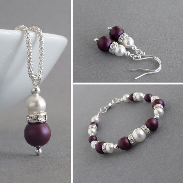 Parure de bijoux en perles prune - Collier, bracelet et boucles d'oreilles aubergine - Cadeaux de bijoux aubergine pour demoiselles d'honneur - Mariage violet foncé