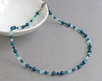 Dark Teal Beaded Necklace - Petrol Blue Pearl and Crystal Necklaces - Single Strand, Everyday, Peacock Blue Necklace - Jewellery Gifts