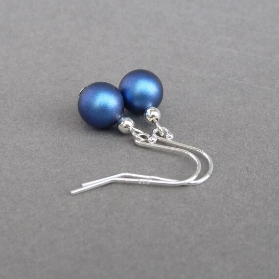 Simple Royal Blue Pearl Dangle Earrings - Dark Blue Drop Earrings