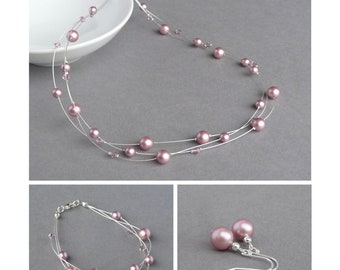 Dusky Pink Jewellery Set - Rose Pink Floating Pearl Necklace, Bracelet and Drop Earrings - Powder Pink Bridesmaids Gifts - Pale Pink Wedding