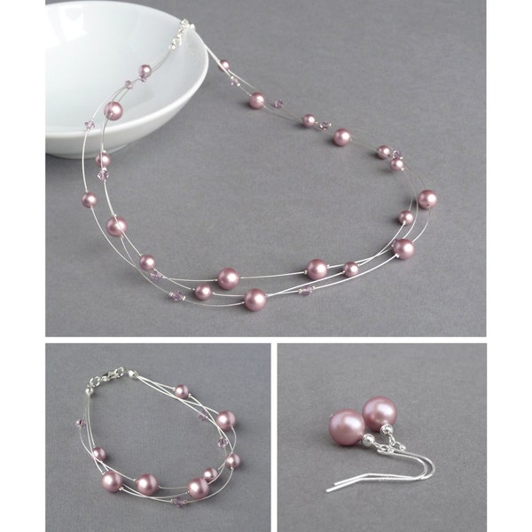 Parure de bijoux rose foncé - Collier, bracelet et boucles d'oreilles roses avec perles flottantes roses - Cadeaux rose poudré pour demoiselles d'honneur - Mariage rose pâle