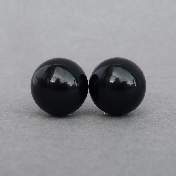 12mm Mystic Black Swarovski Pearl Stud Earrings - Large Jet Black Glass Pearl Studs - Chunky Jewellery Gifts for Women - Simple, Round Studs