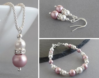 Dusky Pink Pearl Jewellery Set - Powder Rose Pearl and Crystal Jewelry Set - Dusty Pink and White Pearl Drop Necklace, Bracelet and Earrings