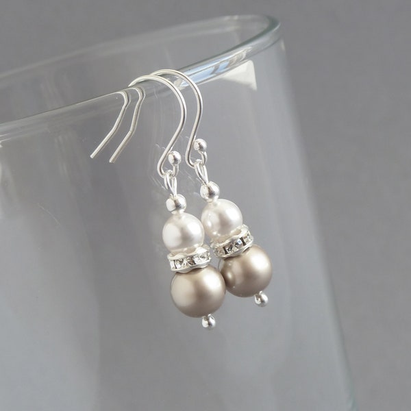 Champagne Pearl and Crystal Earrings - Taupe Pearl Dangle/Drop Earrings - Coffee Wedding Party Jewellery for Women - Beige Bridesmaid Gifts