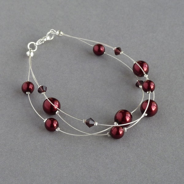 Burgundy Floating Pearl Bracelet - Dark Red Multi-strand Illusion bracelets - Wine Bridesmaids Jewellery - Claret Wedding/Bridal Party Gifts