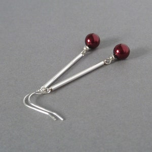Long Burgundy and Sterling Silver Bar Dangle Earrings - Claret Faux Glass Pearl Drop Earrings - Dark Red Everyday Jewellery Gifts for Women