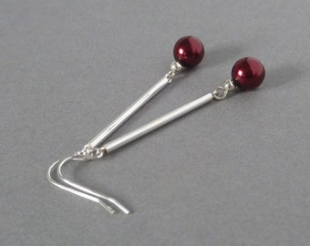 Long Burgundy and Sterling Silver Bar Dangle Earrings - Claret Faux Glass Pearl Drop Earrings - Dark Red Everyday Jewellery Gifts for Women
