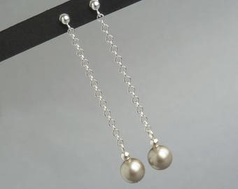 Long Champagne Pearl Dangle Earrings - Taupe & Silver Chain Drop Earrings - Beige Wedding Party Gifts for Her - Champagne Bridesmaid Jewelry