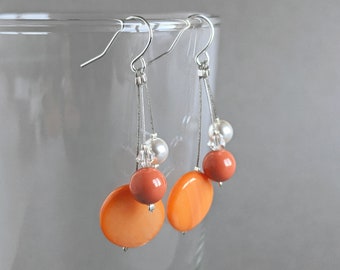 Orange Three Strand Earrings - Tangerine Pearl Drop Earrings - Apricot Wedding Jewellery - Orange Coral Bridesmaids / Bridal Party Gifts