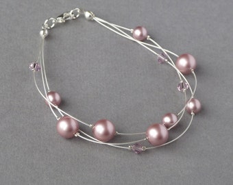 Dusky Pink Multi-strand Bracelet - Blush Pink Bridesmaids Jewelry - Dusty Powder Rose Floating Pearl Bracelets - Wedding/Bridal Party Gifts