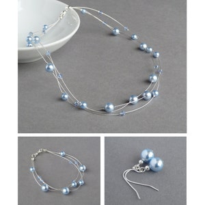 Hellblaue Floating Pearl Schmuck Set - Powder Blue Multi-Strang Halskette, Armband und Ohrringe - Hochzeitsschmuck - Brautjungfer Geschenke