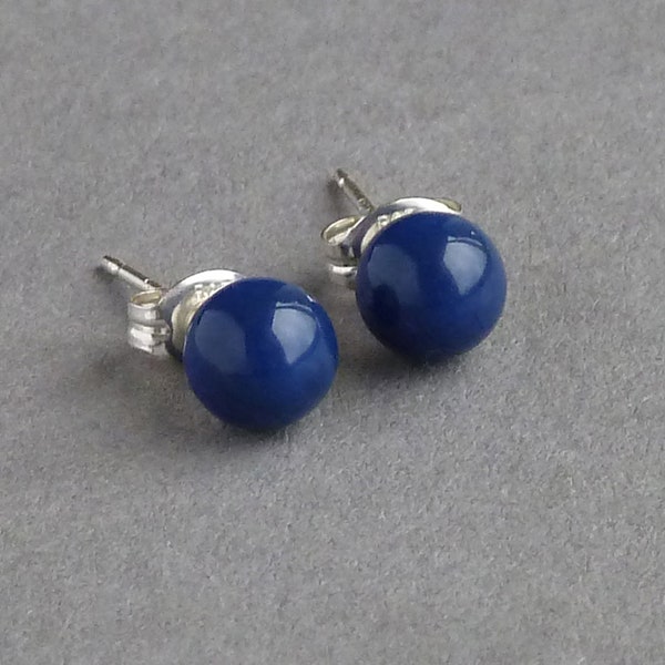 6mm Royal Blue Pearl Post Earrings - Glossy Navy Blue Swarovski Pearl Stud Earrings - Dark Lapis Bridesmaid Jewellery - Bridesmaids Studs