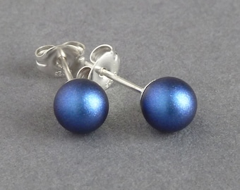 6mm Royal Blue Pearl Stud Earrings - Iridescent Dark Blue Swarovski Pearl Studs - Navy Round Ball Studs - Colourful Jewelry Gifts for Women