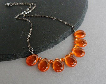 Orange Fan Necklace - Tangerine and Gold Statement Necklace - Bright Orange Glass Teardrop Necklaces - Colourful Jewellery Gifts for Women