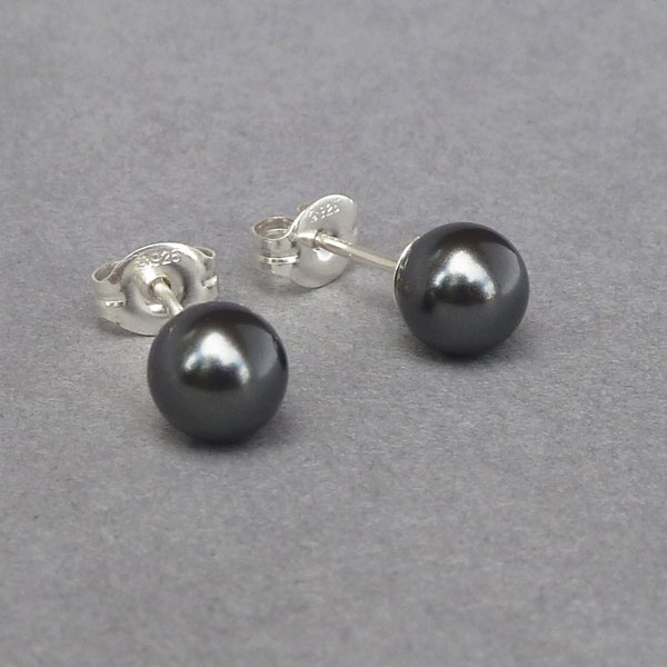 6mm Dark Grey Pearl Stud Earrings - Black Swarovski Pearl Studs - Charcoal Grey Everyday Jewellery for Women - Dark Gray Pearl Gifts for Her