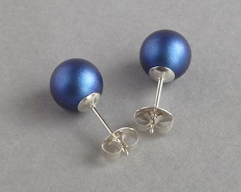 8mm Royal Blue Pearl Stud Earrings - Dark Blue Ball Studs - Iridescent Dark Blue Round Glass Pearl Studs - Colourful Faux Pearl Jewelry