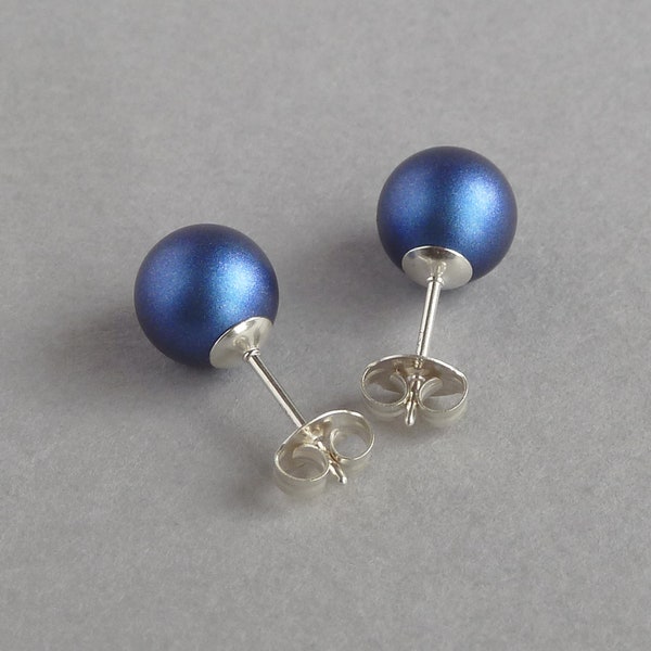 8mm Royal Blue Pearl Stud Earrings - Dark Blue Ball Studs - Iridescent Dark Blue Round Glass Pearl Studs - Colourful Faux Pearl Jewelry