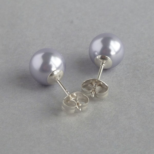 8mm Lavender Glass Pearl Studs - Round Lilac Swarovski Pearl Ball Studs - Light Pastel Purple Wedding Jewelry - Gifts for Brides/Bridesmaids