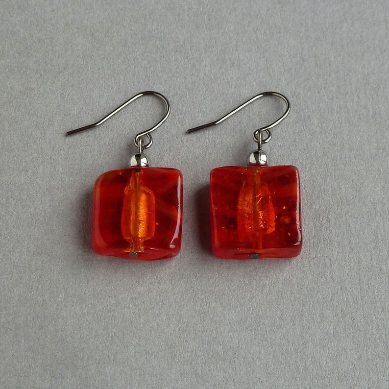 Bright Red Fused Glass Dangle Earrings Flame Red Square Drop Earrings Colourful, Everyday Jewellery for Women Scarlet Gifts for Her image 1