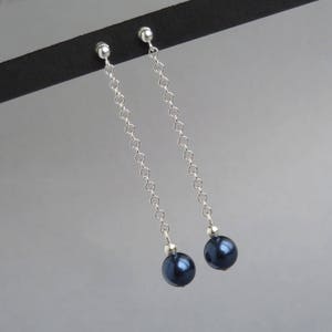 Long Drop Navy Earrings - Sterling Silver and Midnight Blue Pearl Jewellery - Dark Blue Bridesmaids Gifts for Weddings - Bridal Party Gifts