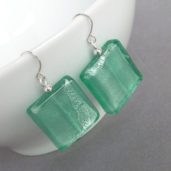 Large Mint Green Fused Glass Drop Earrings - Big Aqua Square Dangle Earrings - Turquoise Everyday Jewellery - Colourful Gifts for Women