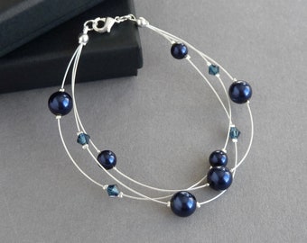Navy Multi-strand Bracelet - Midnight Blue Bridesmaids Jewellery - Dark Blue Bridal Party Gifts - Navy Blue Three Strand Wedding Bracelets