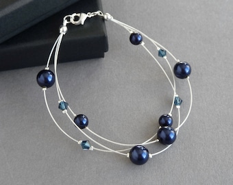 Marine Multi-Strang Armband - Mitternachts Blau Brautjungfern Schmuck - Dunkelblau Brautparty Geschenke - Marine Blau Drei Strang Hochzeitsarmbänder
