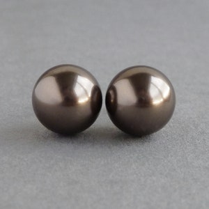 12mm Chocolate Swarovski Pearl Stud Earrings - Large, Round, Dark Brown, Coloured Glass Pearl Studs - Simple, Chunky Jewelry Gifts for Women