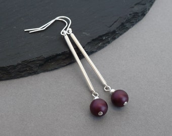 Long Plum Bar Dangle Earrings - Sterling Silver and Elderberry Swarovski Pearl Gifts for Women - Aubergine Everyday Jewellery - Drop Earring