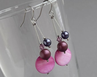 Plum 3 Strand Drop Earrings - Berry Pearl Bridesmaids Gifts - Mulberry Multi-strand Wedding Jewellery - Magenta Dangly Earrings for Women