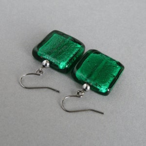 Large Teal Fused Glass Dangle Earrings - Big Emerald Square Drop Earrings - Jade Gifts for Women - Peacock/Hunter Green Everyday Jewellery