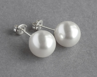 Large 10mm White Pearl Studs - Chunky White Swarovski Stud Earrings for Weddings - Ivory Bridal Jewelry - Mother of the Bride Post Earrings